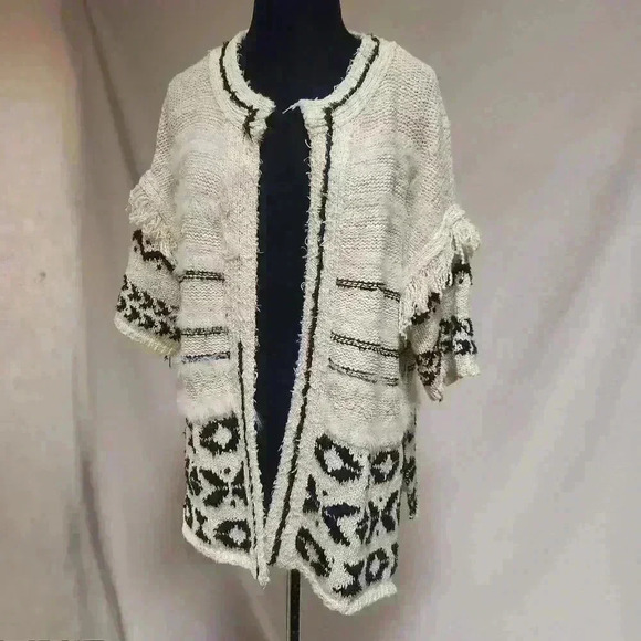 Blue B Collection Small‎ Cream/Black BoHo Cotton Sweater Jacket Fringe Accents - Picture 1 of 8